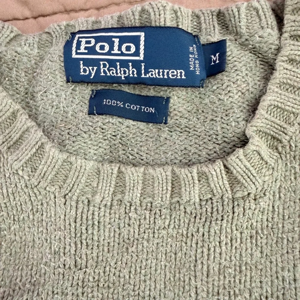 Vintage 90s Polo Ralph Lauren Sweater M Sage Green Cotton Knit Preppy Old Money